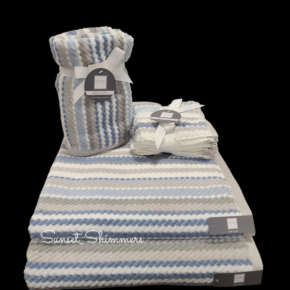 8pc Soho Living 2 Bath 2 Hand 4 Washcloth Set Rope Striped Blue Gray Towels